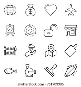 Thin line icon set : globe, money bag, heart, plane, presentation, around gear, unlock, shop, gothic architecture, real estate, map, cutting board, fish, water pump, scraper, bug