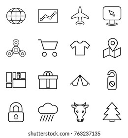Thin line icon set : globe, statistics, plane, monitor arrow, spinner, cart, t shirt, map, consolidated cargo, hi quality package, tent, do not distrub, locked, rain cloud, cow, spruce
