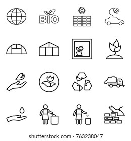 Thin line icon set : globe, bio, sun power, electric car, greenhouse, flower in window, sprouting, hand leaf, ecology, recycling, trash truck, and drop, garbage bin, construct