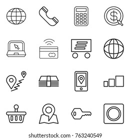 Thin line icon set : globe, phone, calculator, dollar arrow, notebook, tap to pay, delivery, route, money, mobile location, sorting, basket, map, key, ring button