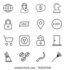 Thin line icon set : globe, call center, money message, chess horse, lock, sale, geo pin, customs, cart, power socket, unlocked, door, knife holder, coffee seeds, sickle, rake