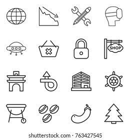 Thin line icon set : globe, crisis, pencil wrench, virtual mask, ufo, delete cart, lock, shop signboard, arch, trip, office, handwheel, bbq, coffee seeds, eggplant, spruce