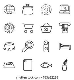 Thin line icon set : globe, purse, around gear, notebook, sun power, cart, delete, column, stadium, cargo search, do not distrub, bed, iron, cutting board, fish, seedling