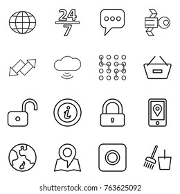 Thin line icon set : globe, 24 7, message, satellite, up down arrow, cloud wireless, chip, remove from basket, unlock, info, lock, mobile location, earth, map, ring button, bucket and broom