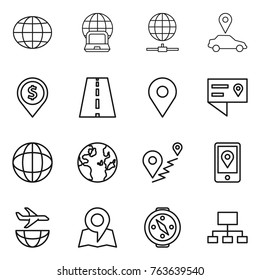 Thin line icon set : globe, notebook, connect, car pointer, dollar pin, road, geo, location details, route, mobile, plane shipping, map, compass, hierarchy