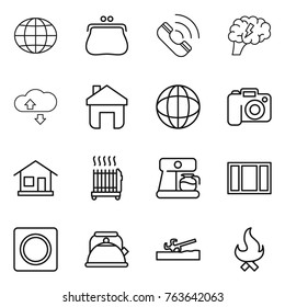 Thin line icon set : globe, purse, call, brain, cloude service, home, camera, radiator, coffee maker, window, ring button, kettle, soil cutter, fire
