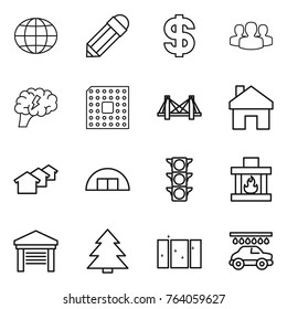 Thin line icon set : globe, pencil, dollar, group, brain, cpu, bridge, home, houses, hangare, traffic light, fireplace, garage, spruce, clean window, car wash