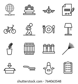 Thin line icon set : globe connect, flower bed, plane, inventory, bike, tourist, cafe, floor lamp, seedling, barrel, grain elevator, rake, package, brush, apron, clipboard list