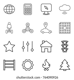 Thin line icon set : globe, calculator, monitor arrow, cloud wireless, hoverboard, spinner, car pointer, cpu, star, equalizer, home, traffic light, rack, induction oven, fire, spruce