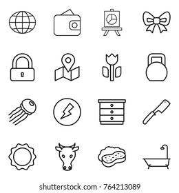 Thin line icon set : globe, wallet, presentation, bow, lock, map, perishable, heavy, jellyfish, electricity, chest of drawers, chef knife, induction oven, cow, sponge with foam, bath