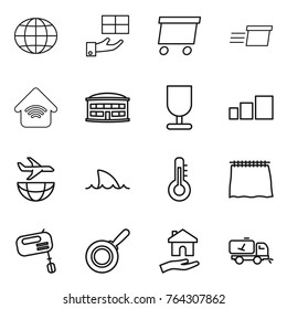 Thin line icon set : globe, gift, delivery, wireless home, airport building, fragile, sorting, plane shipping, shark flipper, thermometer, curtain, mixer, pan, housing, call cleaning