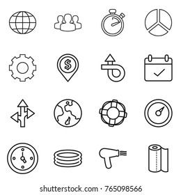 Thin line icon set : globe, group, stopwatch, diagram, gear, dollar pin, trip, terms, route, earth, lifebuoy, barometer, watch, inflatable pool, hair dryer, paper towel