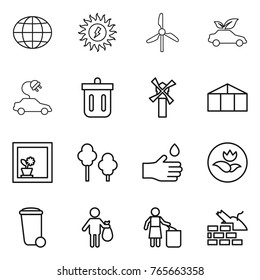 Thin line icon set : globe, sun power, windmill, eco car, electric, bin, greenhouse, flower in window, trees, hand drop, ecology, trash, garbage, construct