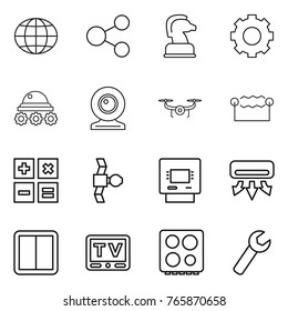 Thin line icon set : globe, share, chess horse, gear, lunar rover, web cam, drone, electrostatic, calculator, satellite, atm, air conditioning, power switch, tv, hob, wrench