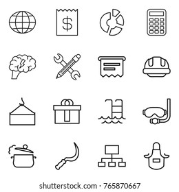 Thin line icon set : globe, receipt, circle diagram, calculator, brain, pencil wrench, atm, building helmet, loading crane, hi quality package, pool, diving mask, steam pan, sickle, hierarchy, apron