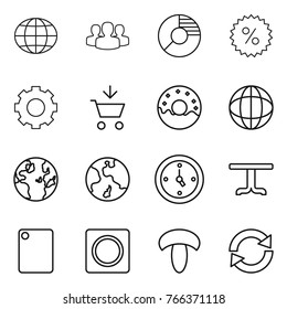 Thin line icon set : globe, group, circle diagram, percent, gear, add to cart, donut, earth, watch, table, cutting board, ring button, mushroom, reload