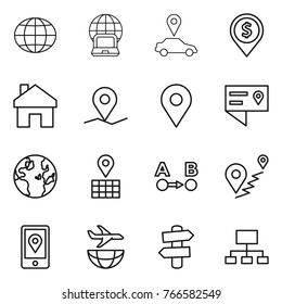 Thin line icon set : globe, notebook, car pointer, dollar pin, home, geo, location details, map, route a to b, mobile, plane shipping, signpost, hierarchy