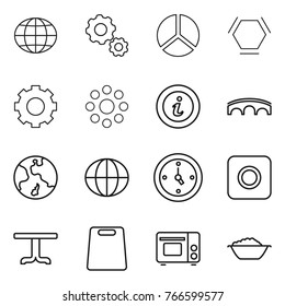 Thin line icon set : globe, gear, diagram, hex molecule, round around, info, bridge, earth, watch, ring button, table, cutting board, grill oven, foam basin