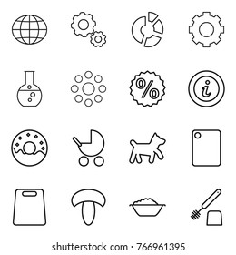 Thin line icon set : globe, gear, circle diagram, round flask, around, percent, info, donut, baby stroller, dog, cutting board, mushroom, foam basin, toilet brush