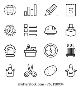 Thin line icon set : globe, graph, marker, receipt, sun power, list, building helmet, package, alarm, reception, watch, radiator, apron, scissors, potato