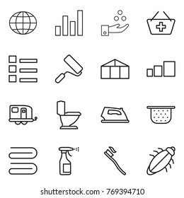 Thin line icon set : globe, graph, chemical industry, add to basket, list, repair, greenhouse, sorting, trailer, toilet, iron, colander, towel, sprayer, tooth brush, bug