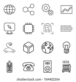 Thin line icon set : globe, share, gear, statistics, monitor arrow, chip, fingerprint, battery, electric car, 3d, bulb, remote control, phone, speaker, radiator