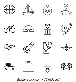 Thin line icon set : globe, boat, rocket, car pointer, bike, dome house, map, route, plane, broken, baggage, suitcase, get, palm hammock