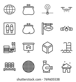 Thin line icon set : globe, purse, laser, drone, wc, store signboard, drawbridge, mall, presentation, 3d, pool, spices, sieve, water pump, house cleaning