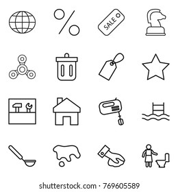 Thin line icon set : globe, percent, sale, chess horse, spinner, bin, label, star, tools, home, mixer, pool, ladle, spot, wiping, toilet cleaning