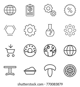 Thin line icon set : globe, report, gear, percent, hex molecule, round flask, around, add to cart, donut, table, washing, mushroom, wheel