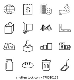 Thin line icon set : globe, receipt, virtual mining, chemical industry, shopping bag, cargo stoller, bridge, ruler, project, package, sorting, food processor, bank, bread, trash bin, scoop