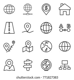 Thin line icon set : globe, connect, dollar pin, home, road, geo, route a to b, map, earth, signpost, compass, hierarchy