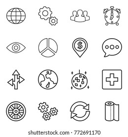 Thin Line Icon Set : Globe, Gear, Group, Alarm Clock, Eye, Diagram, Dollar Pin, Balloon, Route, Earth, Disco Ball, First Aid, Wheel, Gears, Reload, Paper Towel