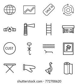 Thin line icon set : globe, statistics, sale, around gear, drawbridge, lighthouse, stairs, gas station, customs, do not hook sign, lounger, photo, iron board, cook glove, goose, paper towel