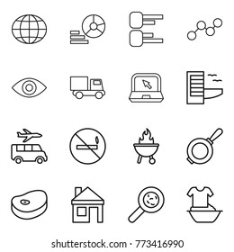 Thin line icon set : globe, diagram, graph, eye, truck, notebook, hotel, transfer, no smoking, bbq, pan, steake, house, viruses, handle washing