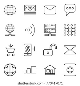 Thin line icon set : globe, money, mail, message, connect, wireless, server, chip, add to cart, mobile pay, unlock, sorting, home, ring button