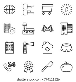 Thin line icon set : globe, diagram, delivery, lightning, virtual mining, mansion, bridge, houses, building, lighthouse, smart house, stadium, phone 24, medal, chef knife, tomato