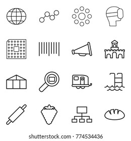 Thin line icon set : globe, graph, round around, virtual mask, cpu, bar code, loudspeaker, fort, greenhouse, cargo search, trailer, pool, rolling pin, berry, hierarchy, bread