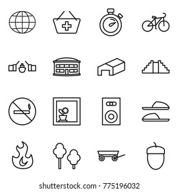 Thin line icon set : globe, add to basket, stopwatch, bike, drawbridge, airport building, warehouse, pyramid, no smoking, flower in window, speaker, slippers, fire, trees, trailer, acorn