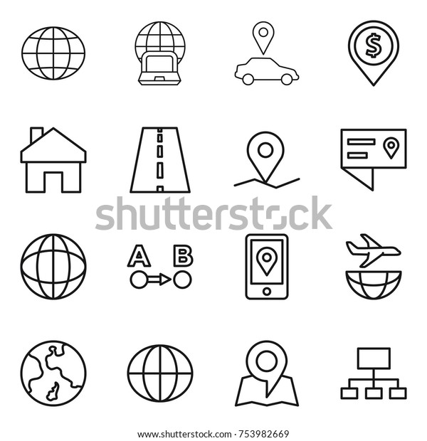 thin line icon set : globe,
notebook, car pointer, dollar pin, home, road, geo, location
details, route a to b, mobile, plane shipping, earth, map,
hierarchy