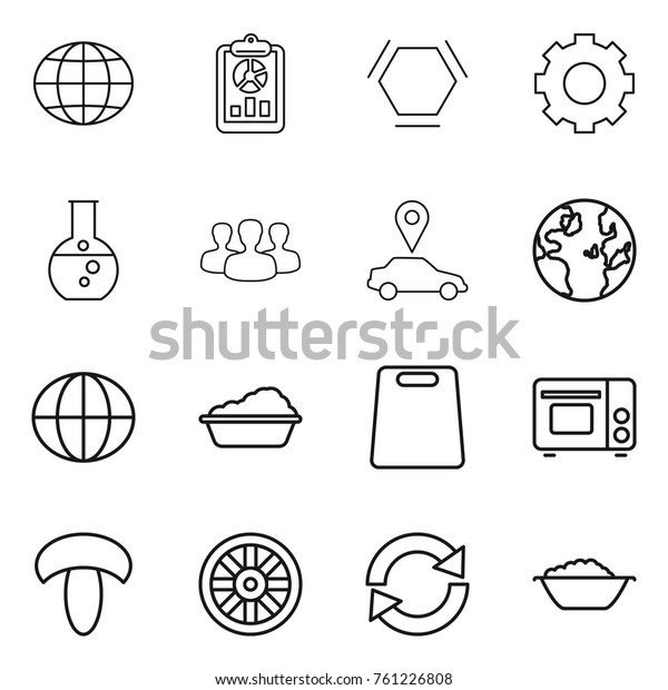 Thin line icon set : globe,
report, hex molecule, gear, round flask, group, car pointer,
washing, cutting board, grill oven, mushroom, wheel, reload, foam
basin