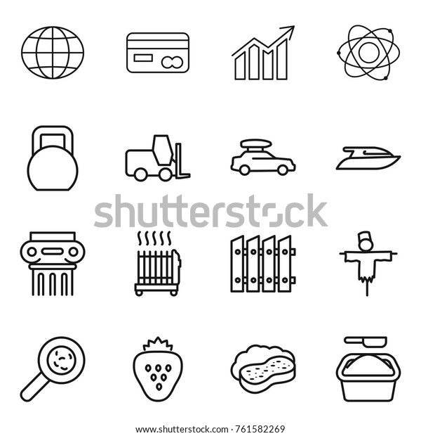 Thin line icon set : globe, card, diagram, atom,\
heavy, fork loader, car baggage, yacht, antique column, radiator,\
fence, scarecrow, viruses, strawberry, sponge with foam, washing\
powder