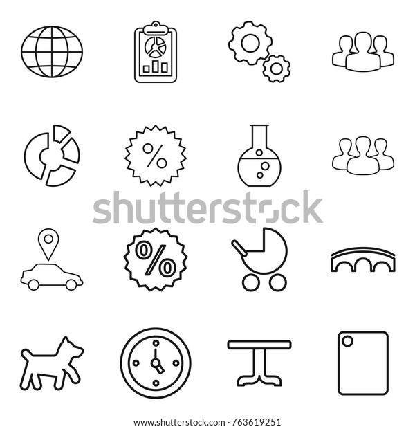 Thin line icon set : globe,\
report, gear, group, circle diagram, percent, round flask, car\
pointer, baby stroller, bridge, dog, watch, table, cutting\
board