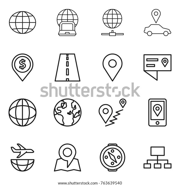 Thin line icon set : globe, notebook,\
connect, car pointer, dollar pin, road, geo, location details,\
route, mobile, plane shipping, map, compass,\
hierarchy