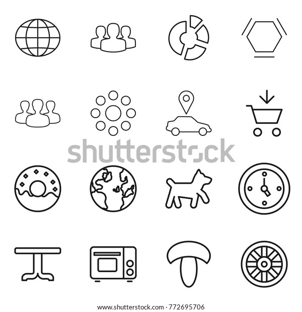 Thin line icon set : globe, group,\
circle diagram, hex molecule, round around, car pointer, add to\
cart, donut, dog, watch, table, grill oven, mushroom,\
wheel