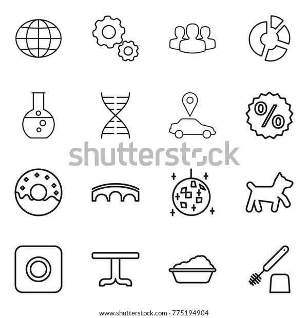Thin line icon set :\
globe, gear, group, circle diagram, round flask, dna, car pointer,\
percent, donut, bridge, disco ball, dog, ring button, table,\
washing, toilet brush