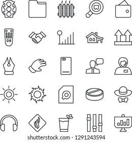 Thin Line Icon Set - glove vector, sun, pills, traffic light, support, up side sign, search cargo, settings, remote control, speaker, headphones, phone back, folder, cellular signal, document