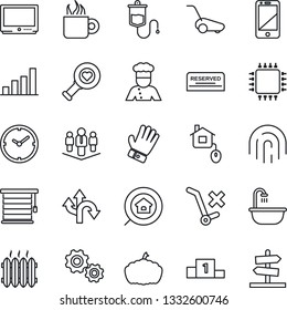 Thin Line Icon Set - glove vector, lawn mower, pumpkin, dropper, heart diagnostic, route, no trolley, tv, cell phone, fingerprint id, clock, bar graph, company, estate search, bathroom, heater, cook