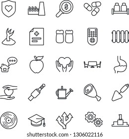 Thin Line Icon Set - graduate vector, trowel, watering can, sproute, diagnosis, pills, heart shield, hand, stomach, route, vinyl, remote control, jack connector, factory, salt and pepper, cafe table