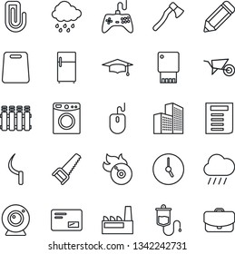 Thin Line Icon Set - graduate vector, mouse, document, pencil, wheelbarrow, saw, rain, sickle, axe, dropper, flame disk, gamepad, mail, clock, paper clip, office building, factory, cutting board